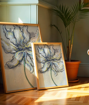 Elegant blue and green abstract floral artwork with flowing lines