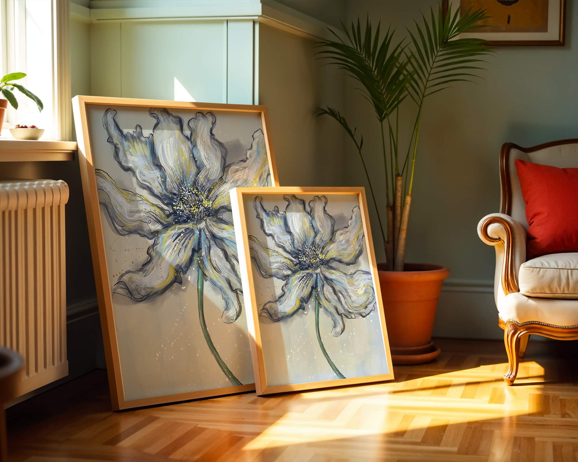 Elegant blue and green abstract floral artwork with flowing lines