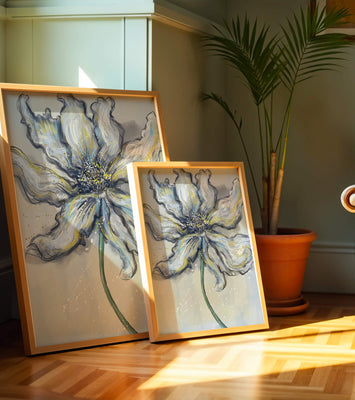 Elegant blue and green abstract floral artwork with flowing lines