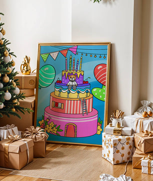 Colorful birthday cake with teddy bear and festive decorations