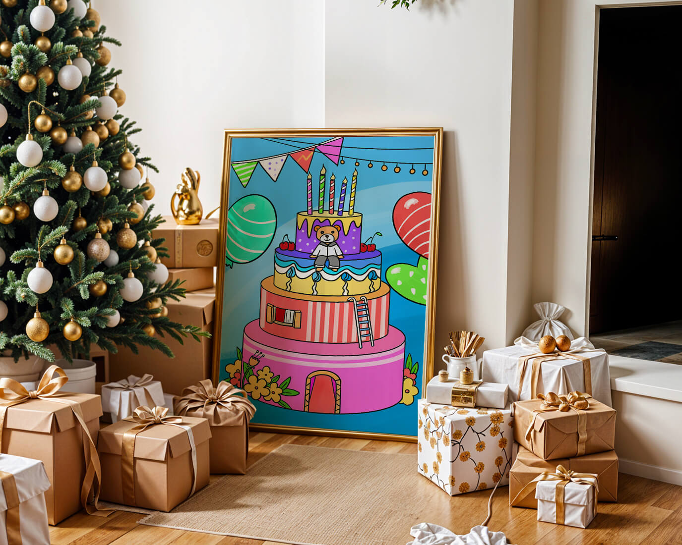 Colorful birthday cake with teddy bear and festive decorations