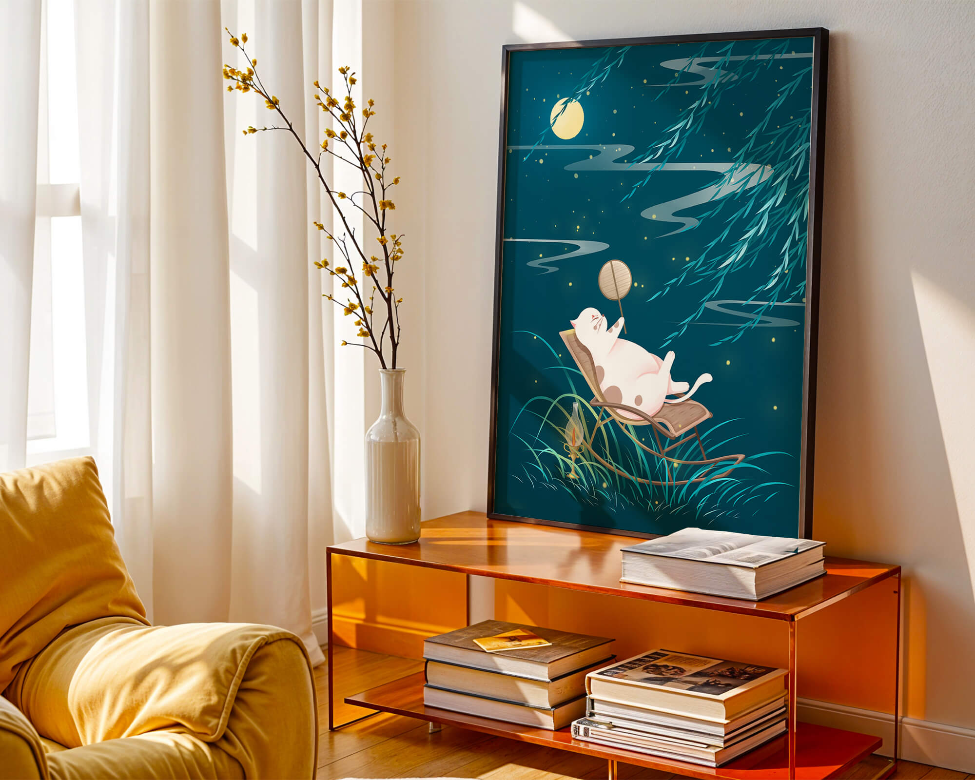 Charming illustration of a cat relaxing in moonlit garden with lantern