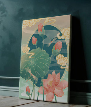 Ruhiges orientalisches Lotus-Design mit Libellen und Wolken