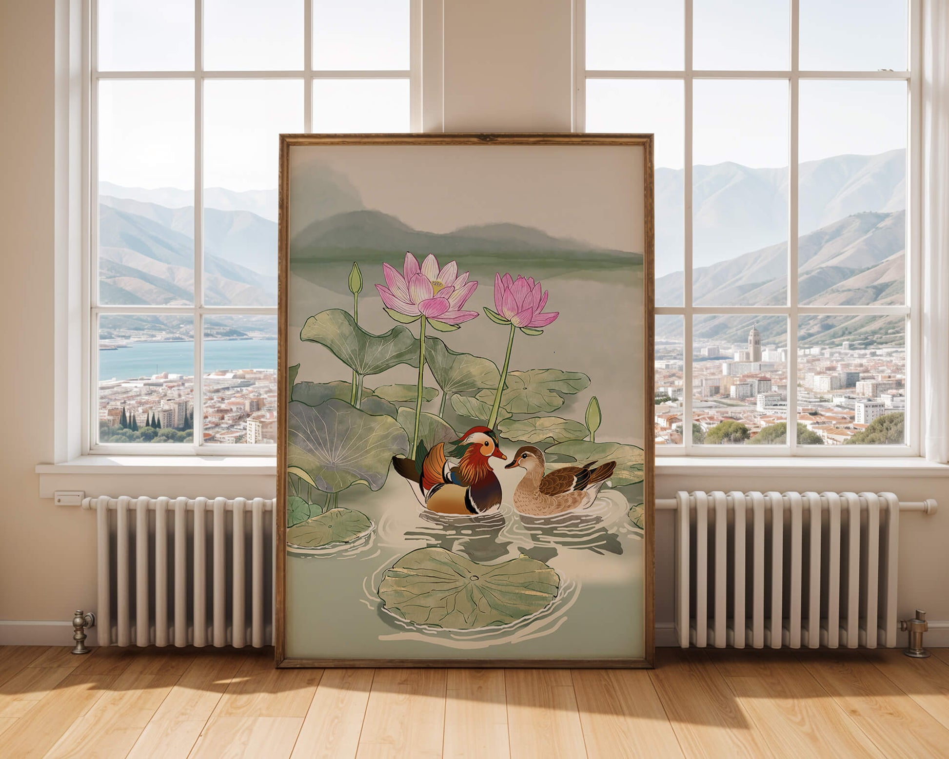 Patos mandarines y flores de loto en un estanque tranquilo