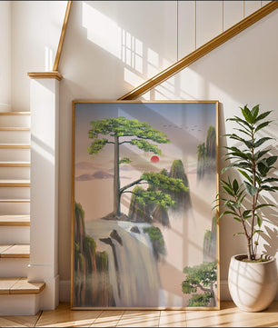Serene landscape with flowing waterfall and sunrise