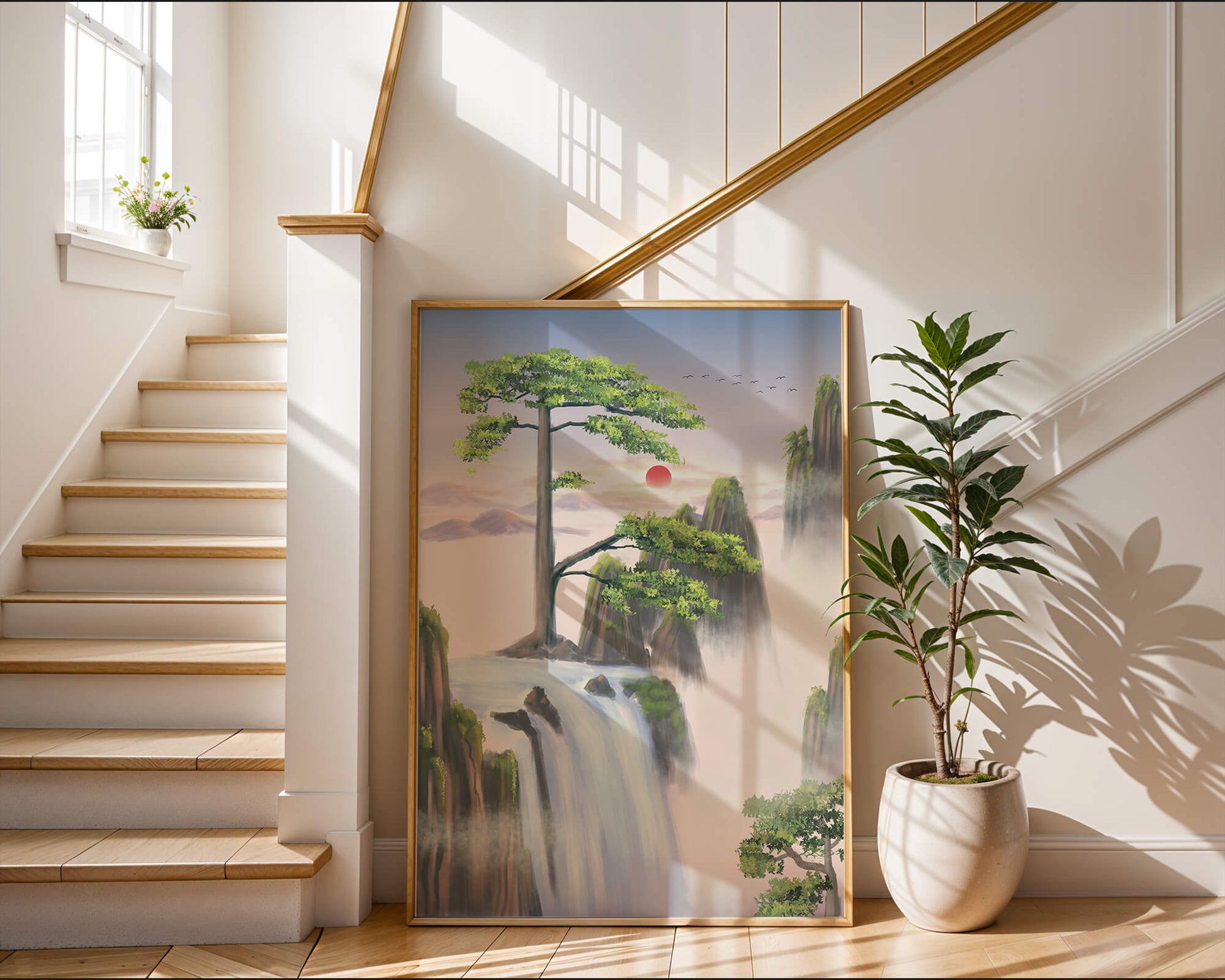 Serene landscape with flowing waterfall and sunrise
