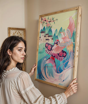 Illustration colorée d’oiseaux et de fleurs avec une architecture orientale