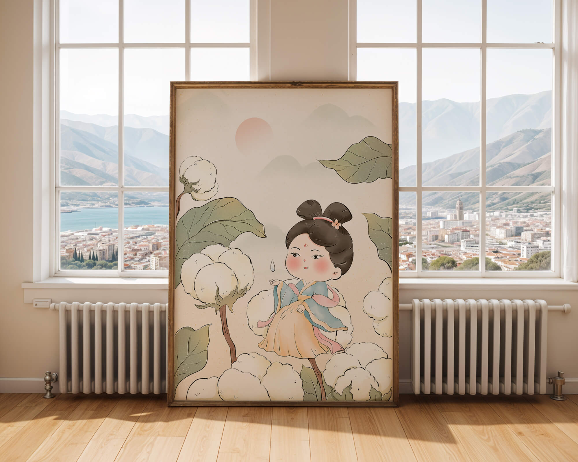 Elegant illustration of a young girl in traditional attire amid cotton plants