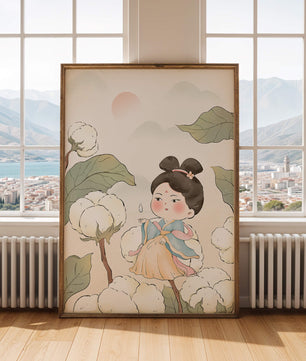 Illustration élégante d'une jeune fille en tenue traditionnelle au milieu de plants de coton