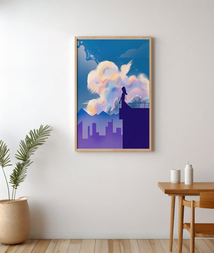 Silhouette of a woman on rooftop against a dreamy sky with colorful clouds