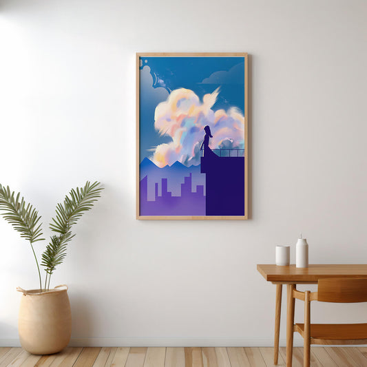 Silhouette of a woman on rooftop against a dreamy sky with colorful clouds