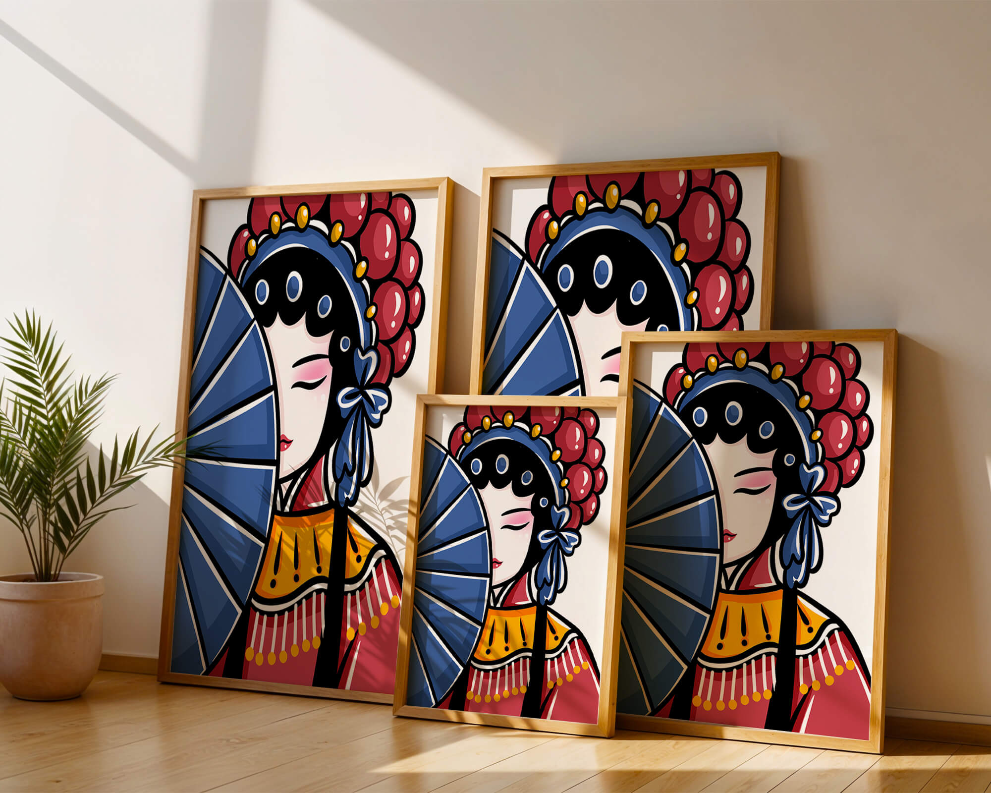 Traditional Asian opera character with fan and decorative headpiece