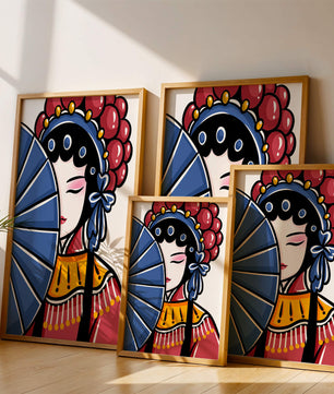 Traditional Asian opera character with fan and decorative headpiece