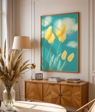 Stylized yellow tulips against a cloudy blue sky background