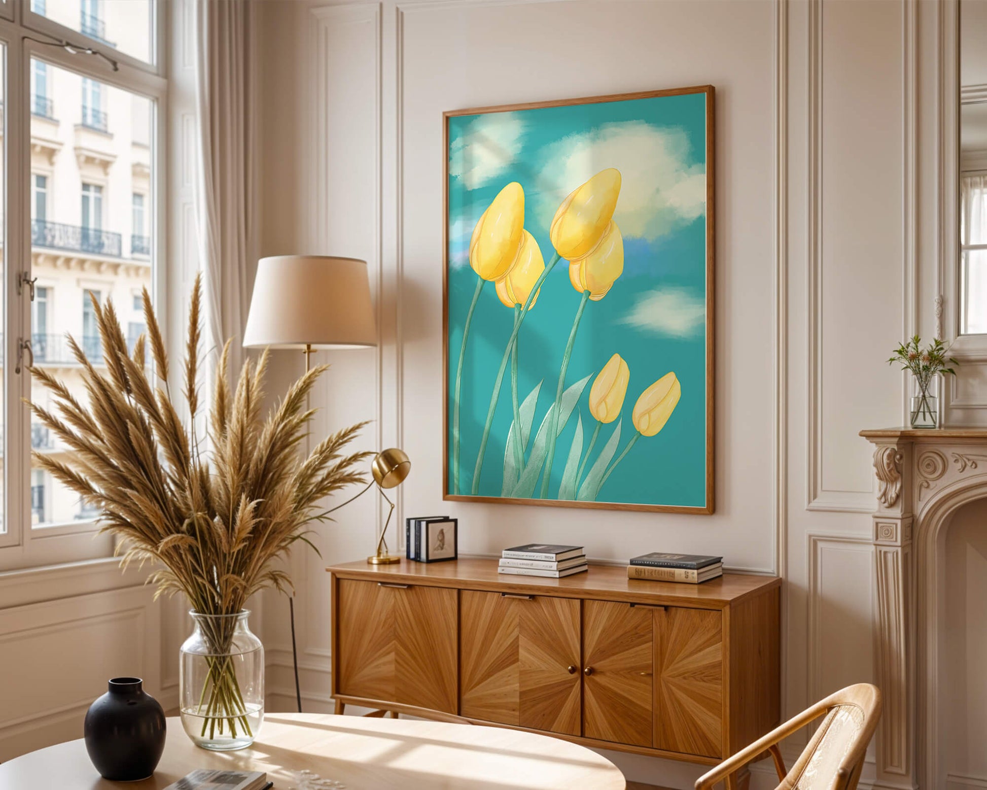 Stylized yellow tulips against a cloudy blue sky background