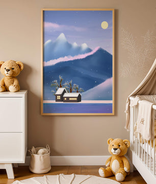 Paysage de montagne enneigée avec des maisons et des arbres sous la lumière de la lune