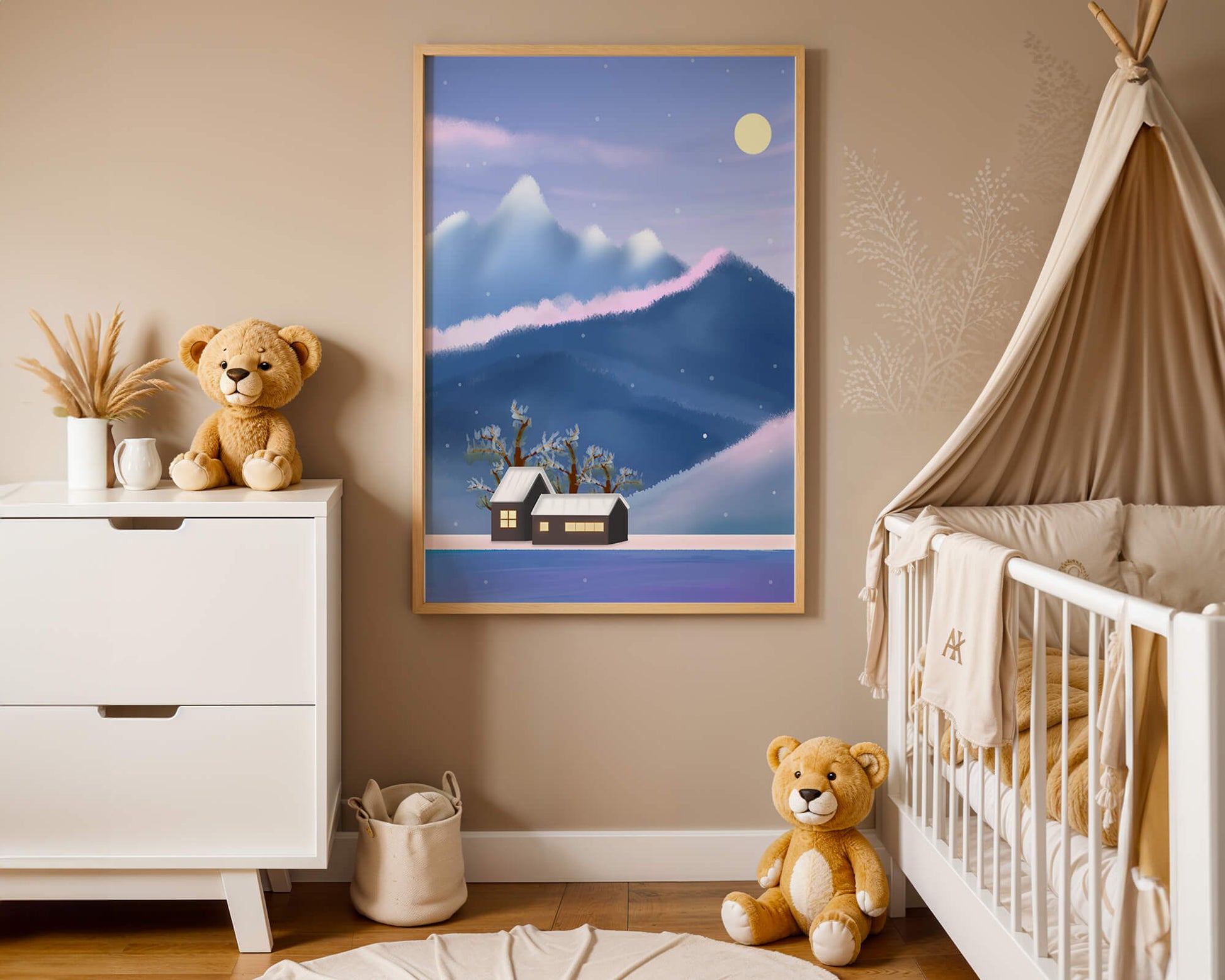Paysage de montagne enneigée avec des maisons et des arbres sous la lumière de la lune