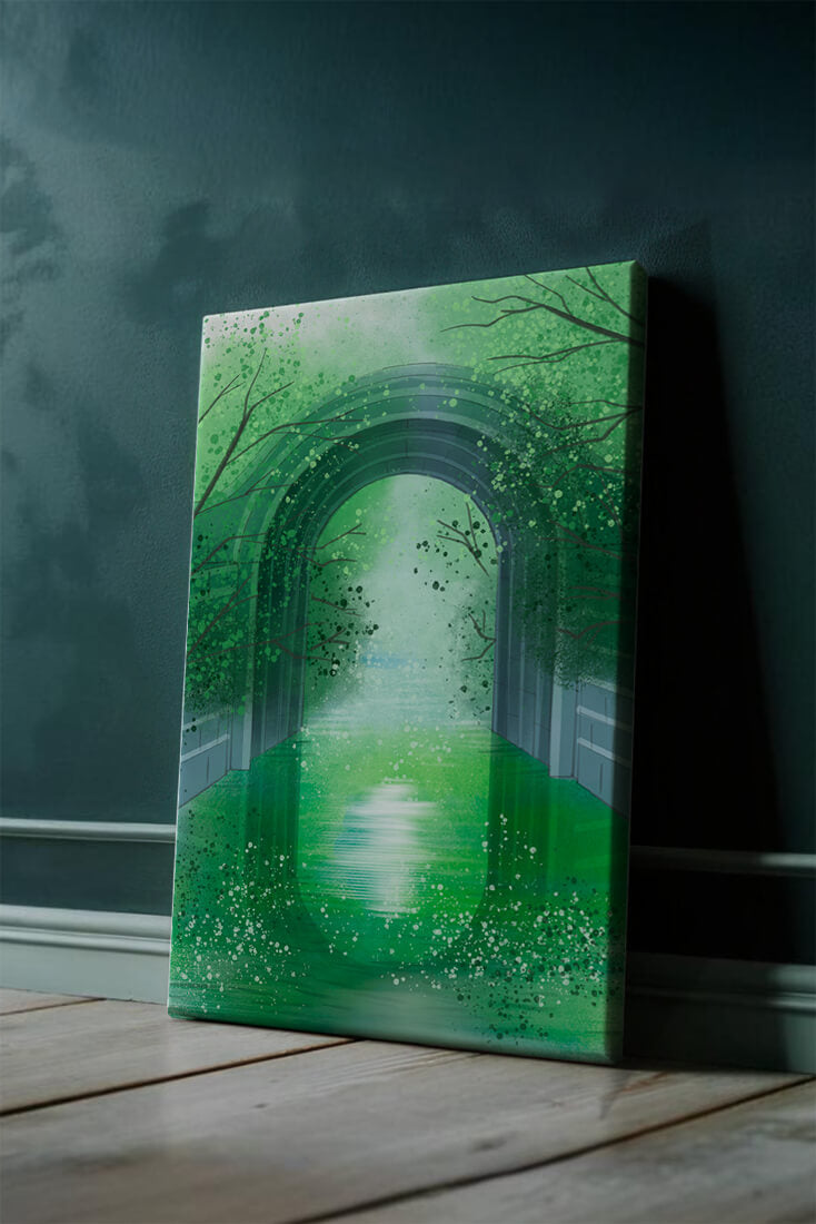 A serene green garden tunnel with reflective water