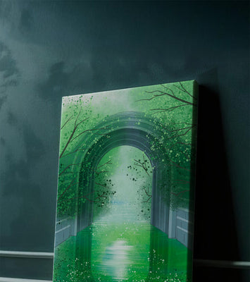 A serene green garden tunnel with reflective water