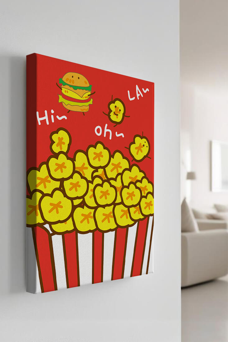 Playful illustration of popcorn and burger characters on a red background