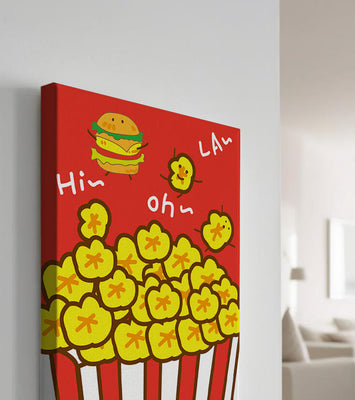 Playful illustration of popcorn and burger characters on a red background
