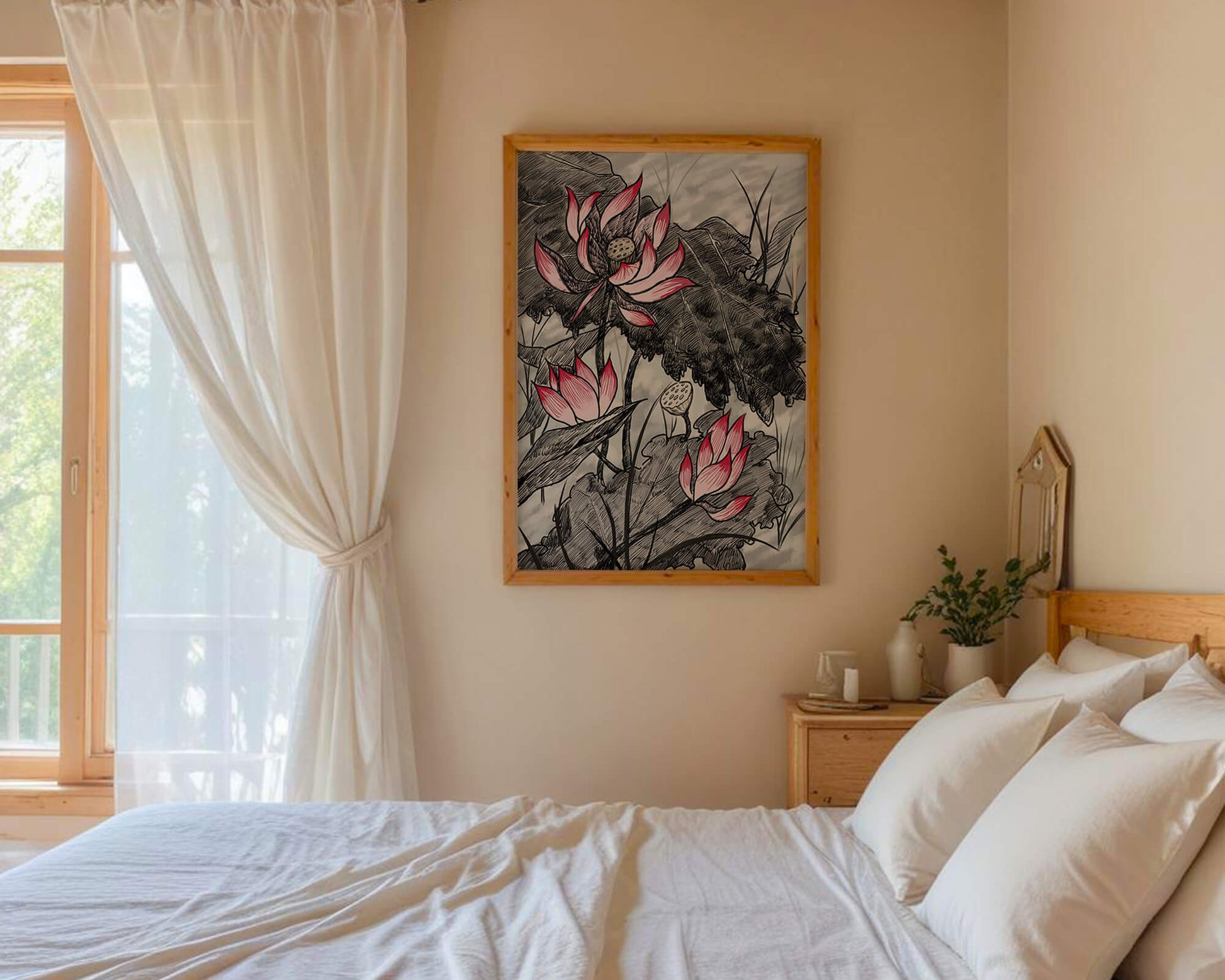 Intricate Illustration of Pink Lotus Flowers with Leaves