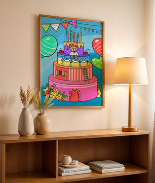 Colorful birthday cake with teddy bear and festive decorations