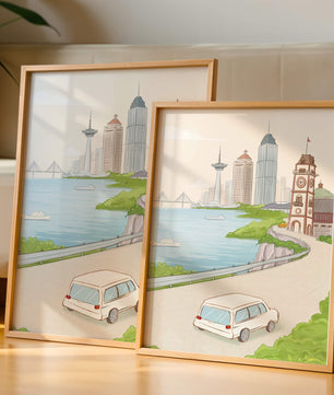 Scenic coastal cityscape with modern buildings and a classic clock tower