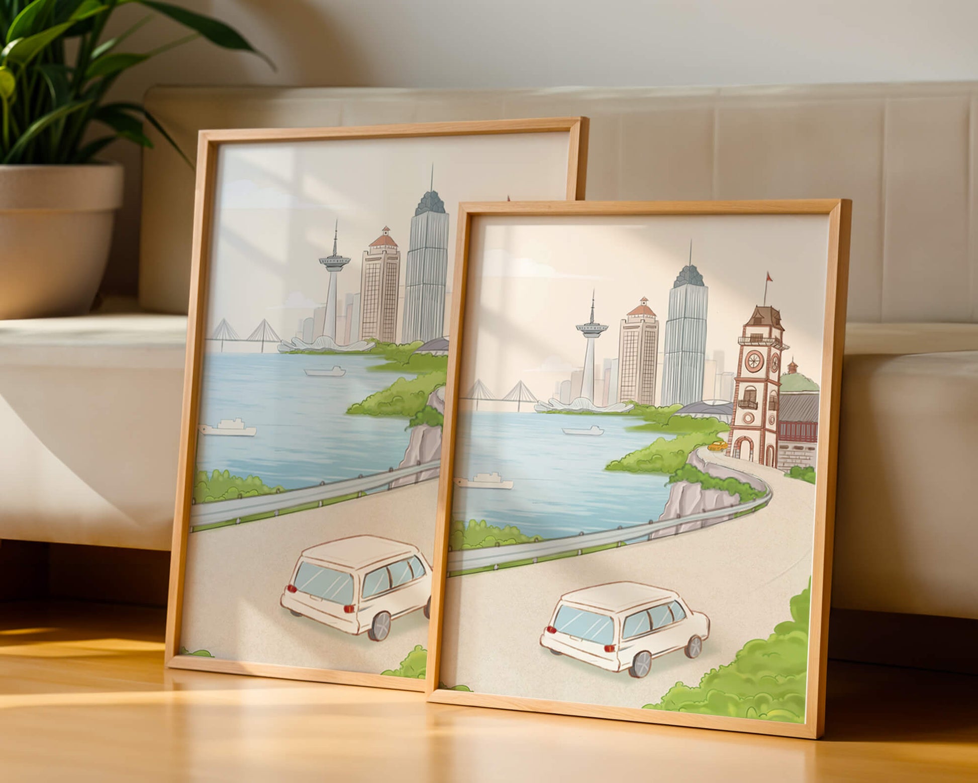 Scenic coastal cityscape with modern buildings and a classic clock tower