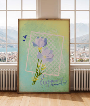 Ilustración floral delicada con colores pastel y lunares