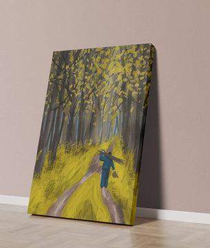 Man Walking Through a Sunny Forest with Golden Leaves
