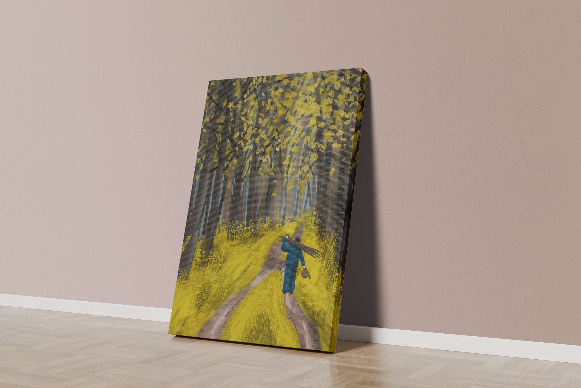 Man Walking Through a Sunny Forest with Golden Leaves