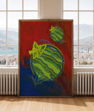 Obra de arte abstracta de sandía colorida con fondo vibrante