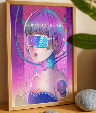 Chica cyberpunk futurista con colores neón y elementos de realidad virtual