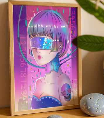 Futuristic Cyberpunk Girl with Neon Colors and Virtual Reality Elements