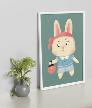 Illustration d'un lapin cartoon avec un bandeau et un sac rond