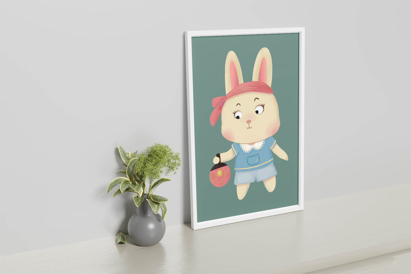 Illustration d'un lapin cartoon avec un bandeau et un sac rond