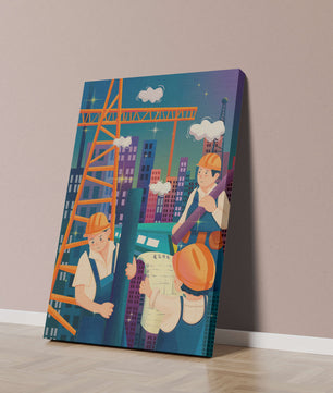 Illustrated construction workers on a high-rise building site