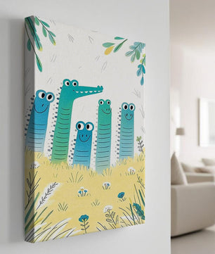 Illustration of Happy Cartoon Crocodiles in a Colorful Meadow - Mi tienda