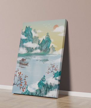 Serene lake scene with traditional boat and mountains under morning sun
