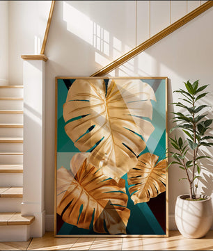 Blätter der Goldenen Monstera auf geometrischem Hintergrund