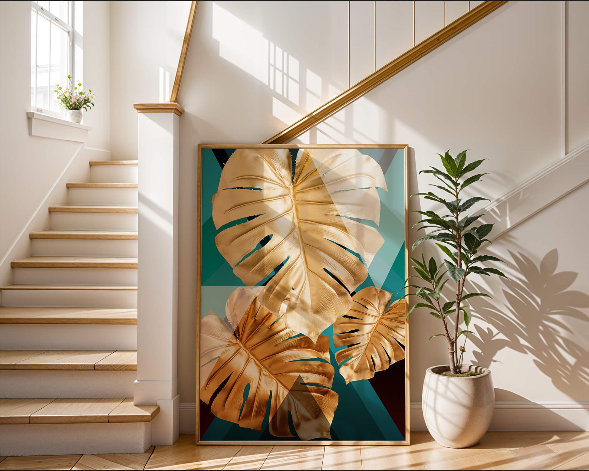 Hojas de monstera doradas sobre fondo geométrico
