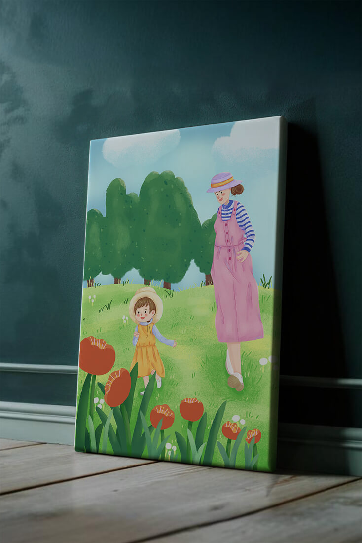 Mother and child in a floral garden under clear skies