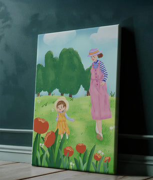 Mother and child in a floral garden under clear skies