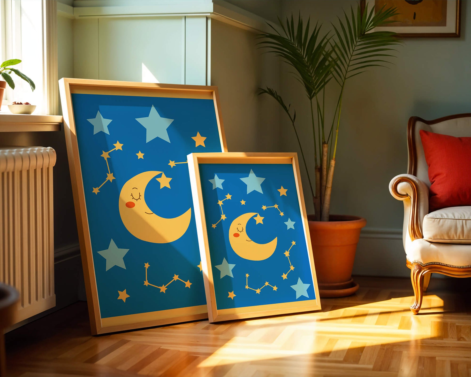 Whimsical children's room decor with smiling moon and stars