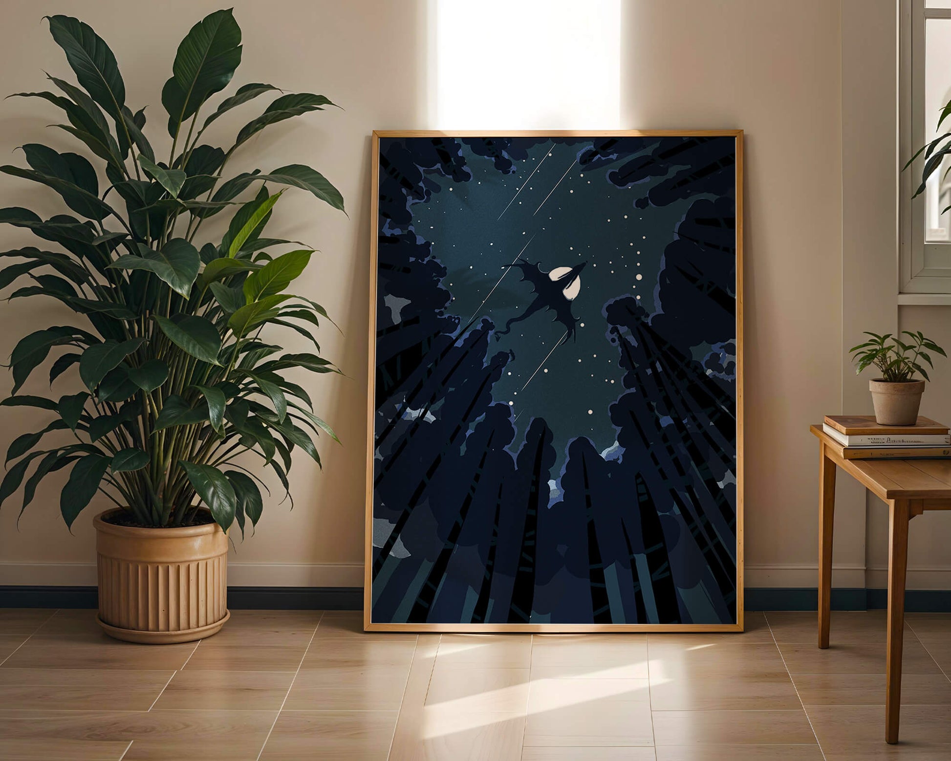 Dragon flying through starry night sky above dark forest