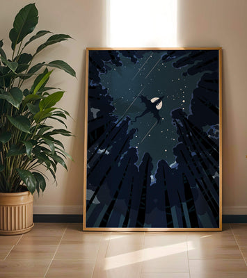 Dragon flying through starry night sky above dark forest