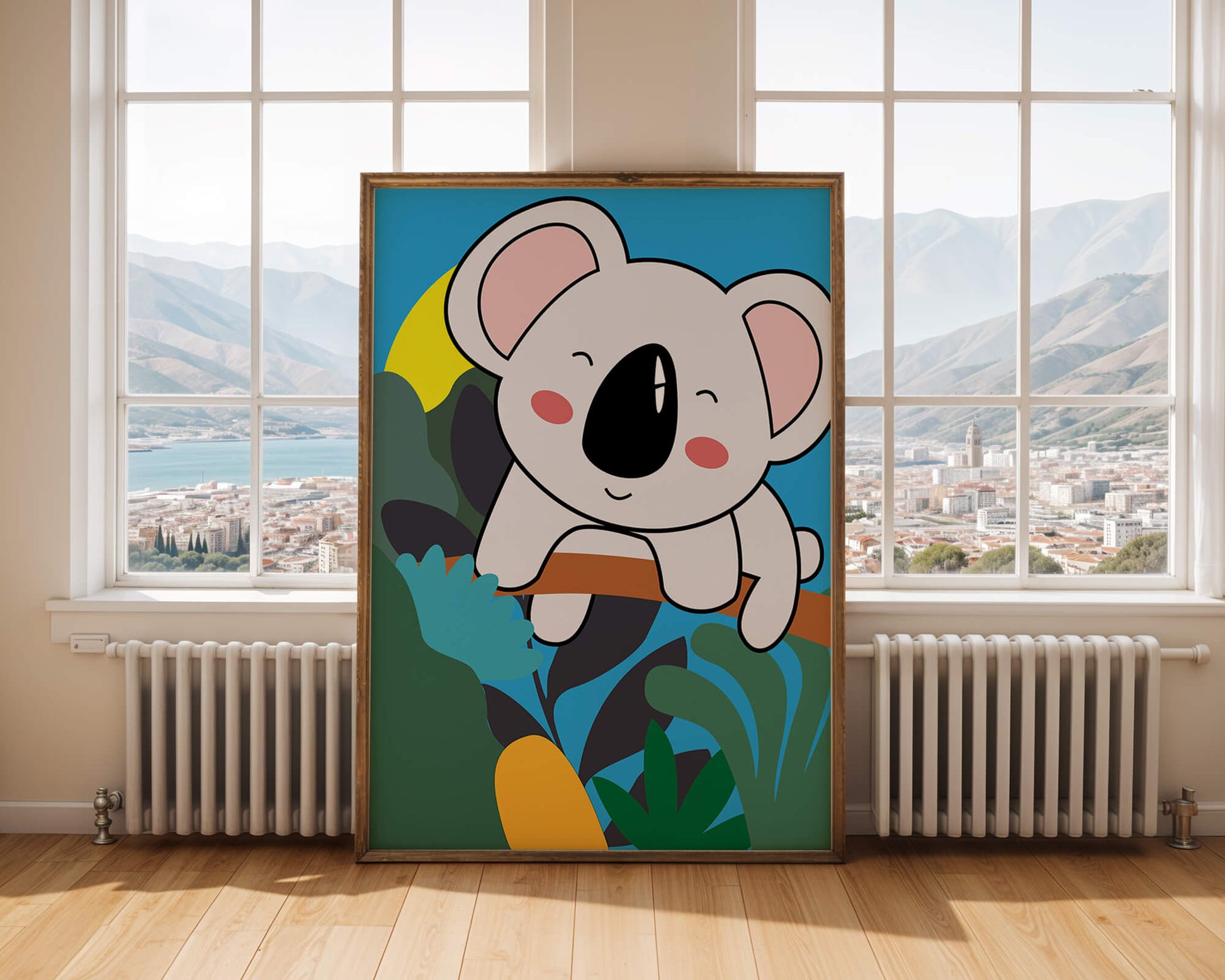 Charming illustrated koala on a branch with vibrant background