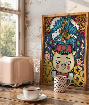 Colorful illustration featuring a whimsical pig and koi fish with decorative elements