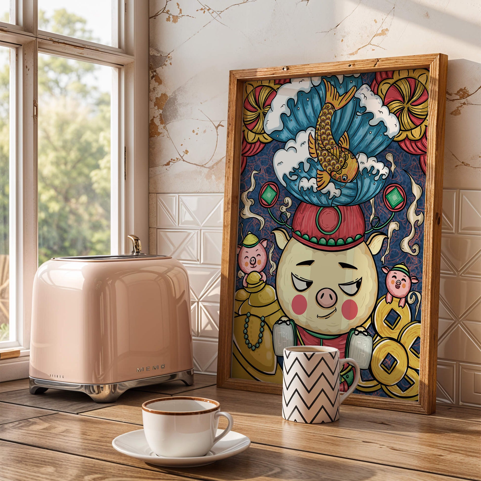 Colorful illustration featuring a whimsical pig and koi fish with decorative elements